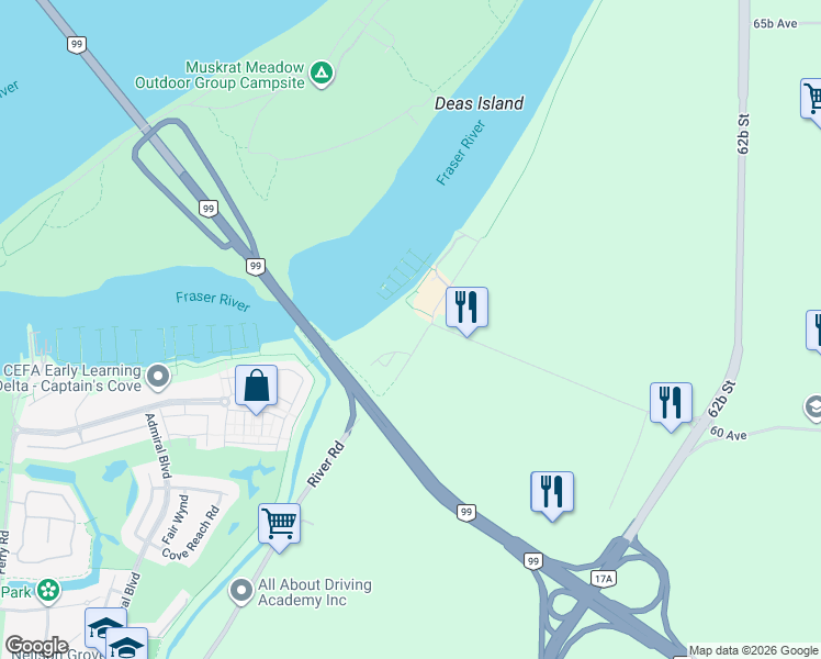 map of restaurants, bars, coffee shops, grocery stores, and more near 6155 River Road in Delta