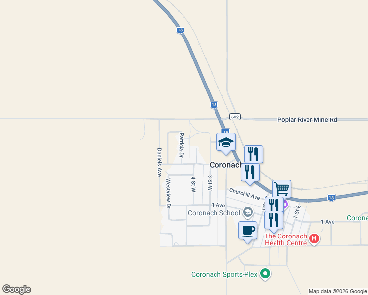 map of restaurants, bars, coffee shops, grocery stores, and more near 13 Patricia Drive in Coronach
