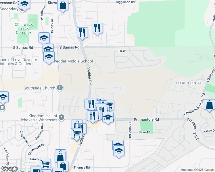 map of restaurants, bars, coffee shops, grocery stores, and more near 6338 Vedder Road in Chilliwack