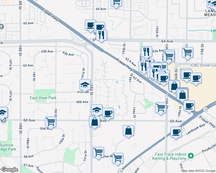 map of restaurants, bars, coffee shops, grocery stores, and more near 6182 Greenside Drive West in Surrey