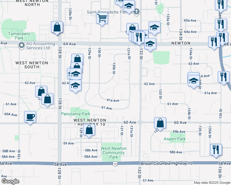 map of restaurants, bars, coffee shops, grocery stores, and more near 6154 130B Street in Surrey