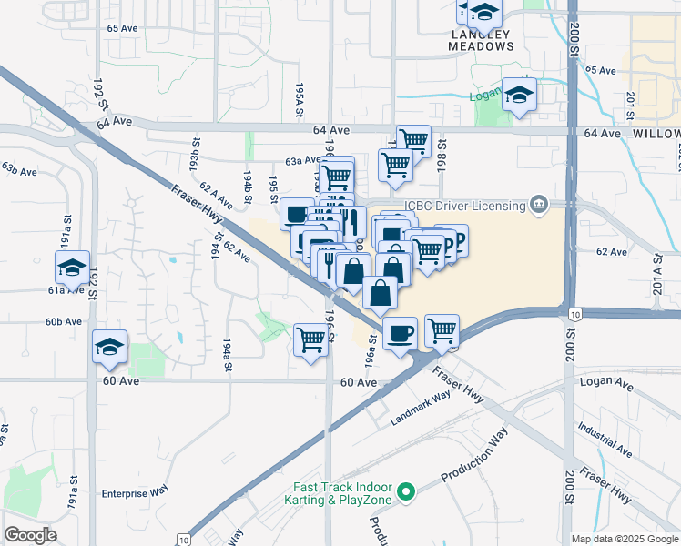 map of restaurants, bars, coffee shops, grocery stores, and more near 19609 Willowbrook Drive in Langley