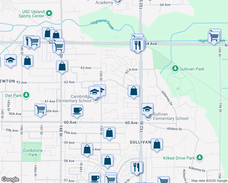 map of restaurants, bars, coffee shops, grocery stores, and more near 15069 61A Avenue in Surrey
