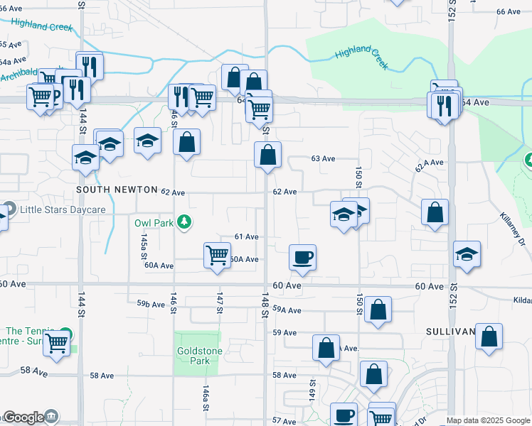 map of restaurants, bars, coffee shops, grocery stores, and more near 6232 148 Street in Surrey