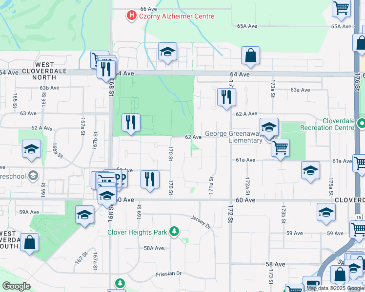 map of restaurants, bars, coffee shops, grocery stores, and more near 6185 170A Street in Surrey