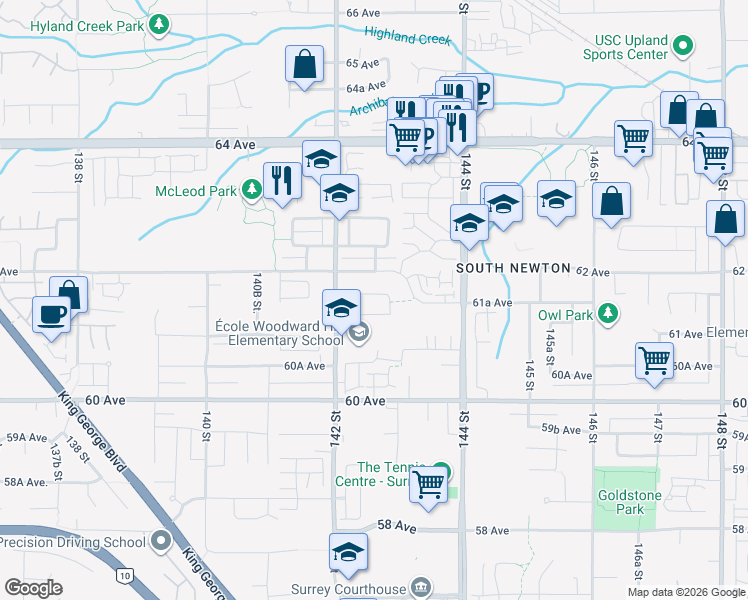 map of restaurants, bars, coffee shops, grocery stores, and more near 14260 61B Avenue in Surrey