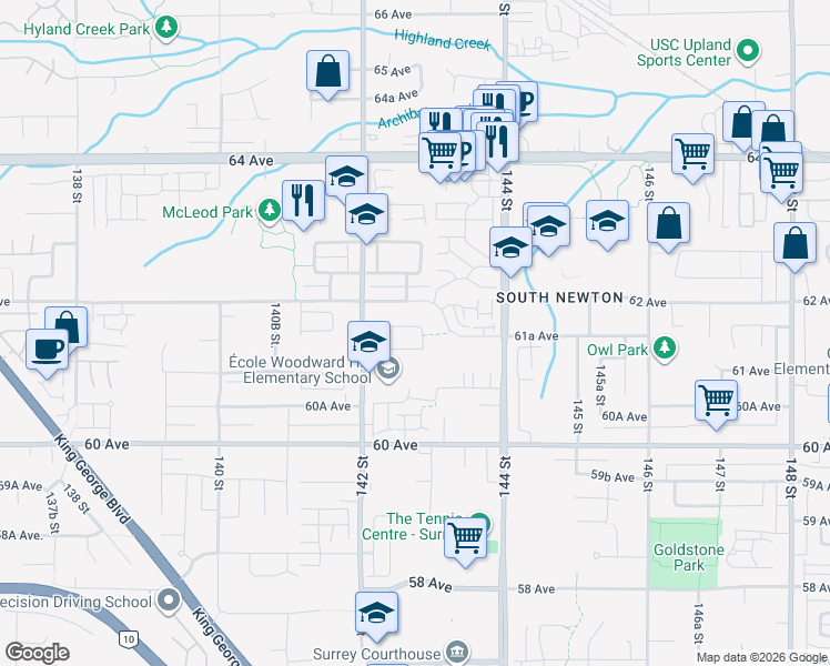 map of restaurants, bars, coffee shops, grocery stores, and more near 14276 61B Avenue in Surrey