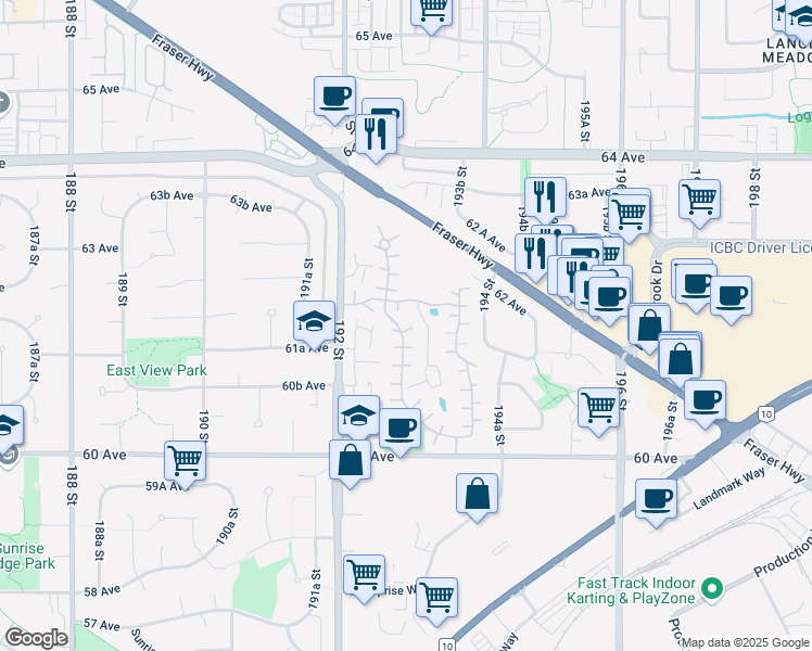 map of restaurants, bars, coffee shops, grocery stores, and more near 6182 Greenside Drive West in Surrey