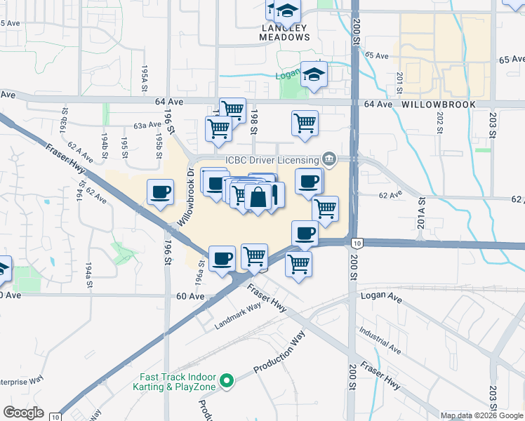 map of restaurants, bars, coffee shops, grocery stores, and more near 19705 Fraser Highway in Langley Township