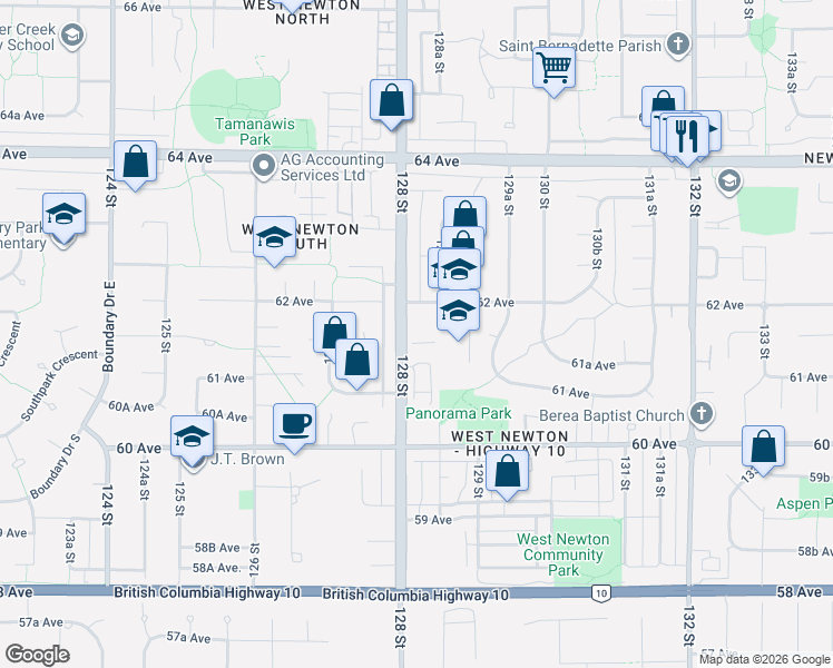 map of restaurants, bars, coffee shops, grocery stores, and more near 6138 128 Street in Surrey