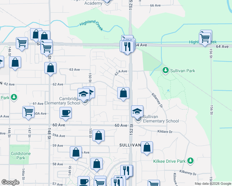 map of restaurants, bars, coffee shops, grocery stores, and more near 15130 62 Avenue in Surrey