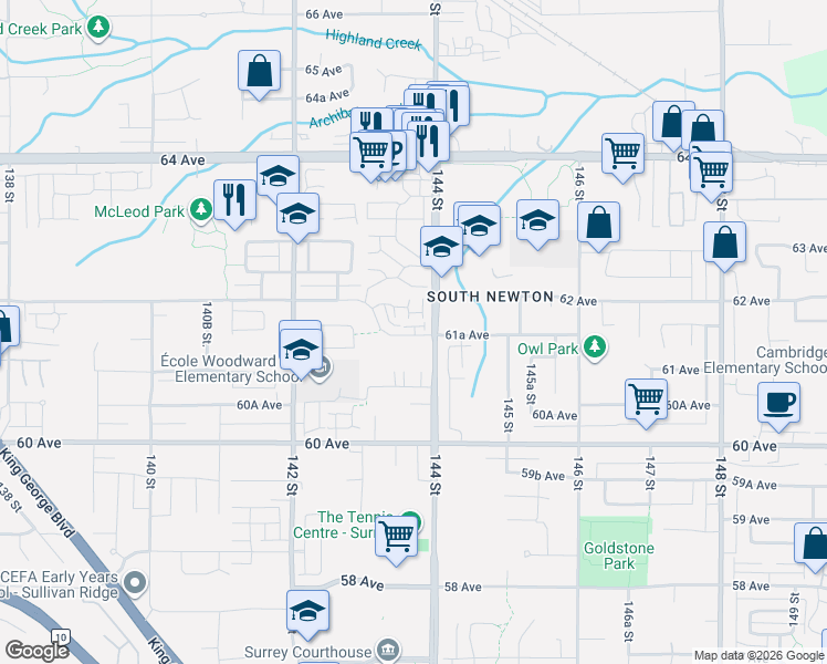 map of restaurants, bars, coffee shops, grocery stores, and more near in Surrey