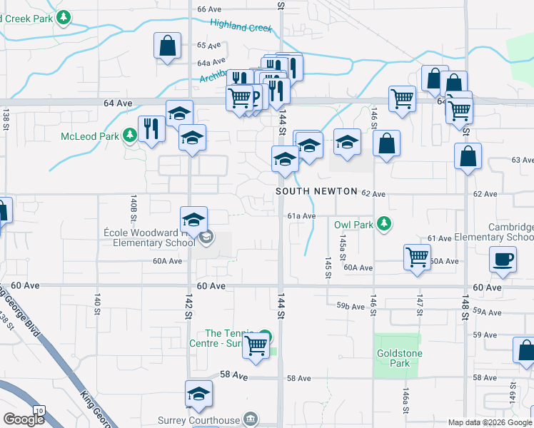 map of restaurants, bars, coffee shops, grocery stores, and more near 14391 61A Avenue in Surrey