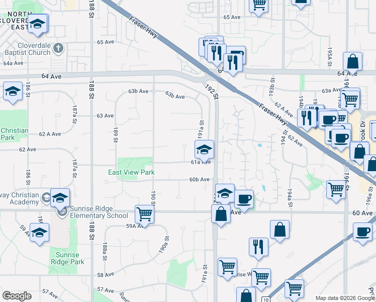 map of restaurants, bars, coffee shops, grocery stores, and more near 6170 191 Street in Surrey