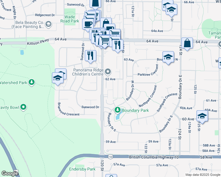 map of restaurants, bars, coffee shops, grocery stores, and more near 6157 120A Street in Surrey