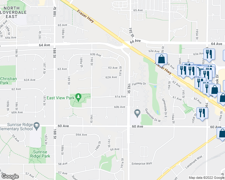 map of restaurants, bars, coffee shops, grocery stores, and more near 6170 191 Street in Surrey