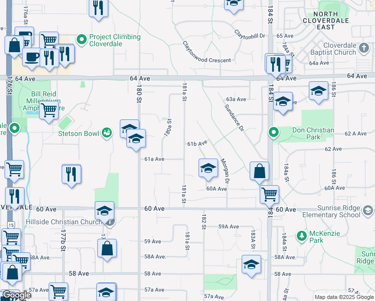 map of restaurants, bars, coffee shops, grocery stores, and more near 6180 181A Street in Surrey