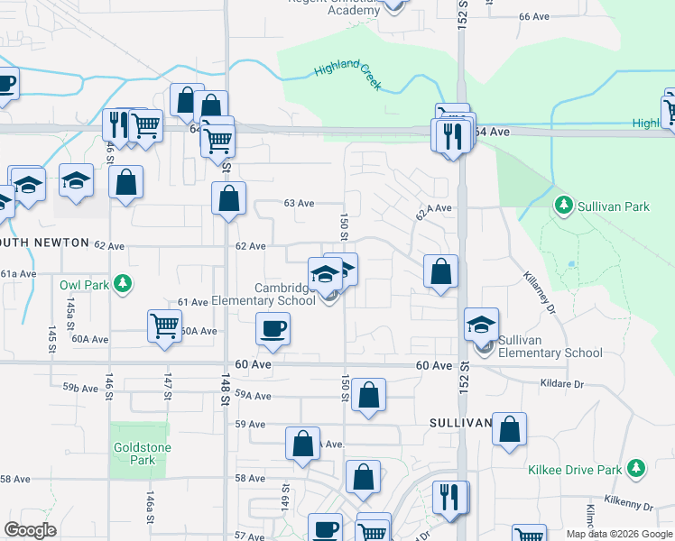 map of restaurants, bars, coffee shops, grocery stores, and more near 6159 150 Street in Surrey