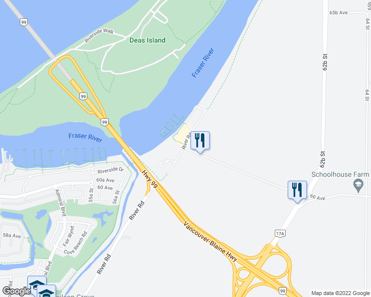 map of restaurants, bars, coffee shops, grocery stores, and more near 5825 60 Avenue in Delta