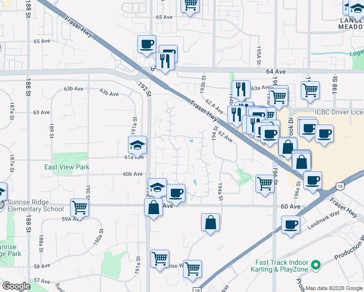 map of restaurants, bars, coffee shops, grocery stores, and more near 6174 Greenside Drive West in Surrey