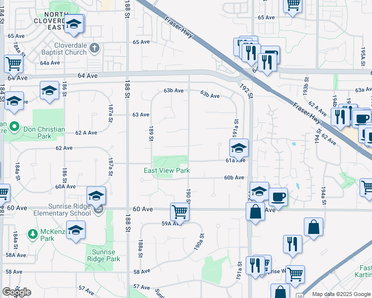 map of restaurants, bars, coffee shops, grocery stores, and more near 18998 62 Avenue in Surrey