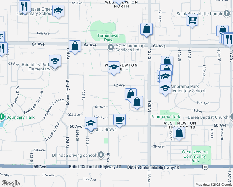 map of restaurants, bars, coffee shops, grocery stores, and more near 6168 126 Street in Surrey