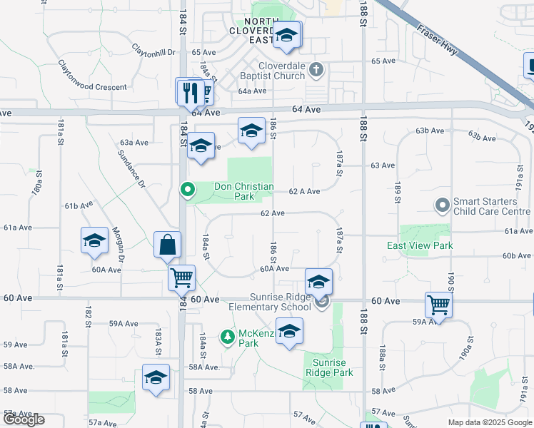 map of restaurants, bars, coffee shops, grocery stores, and more near 18592 62 Avenue in Surrey