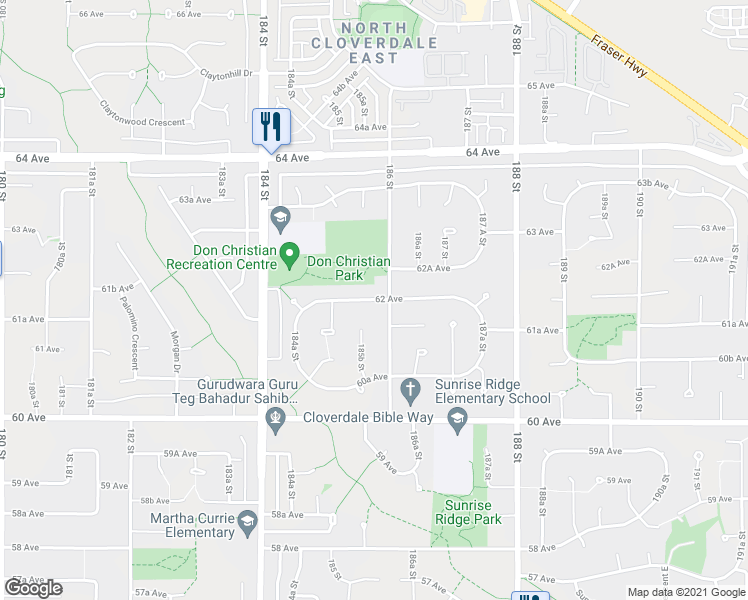 map of restaurants, bars, coffee shops, grocery stores, and more near 18586 62 Avenue in Surrey