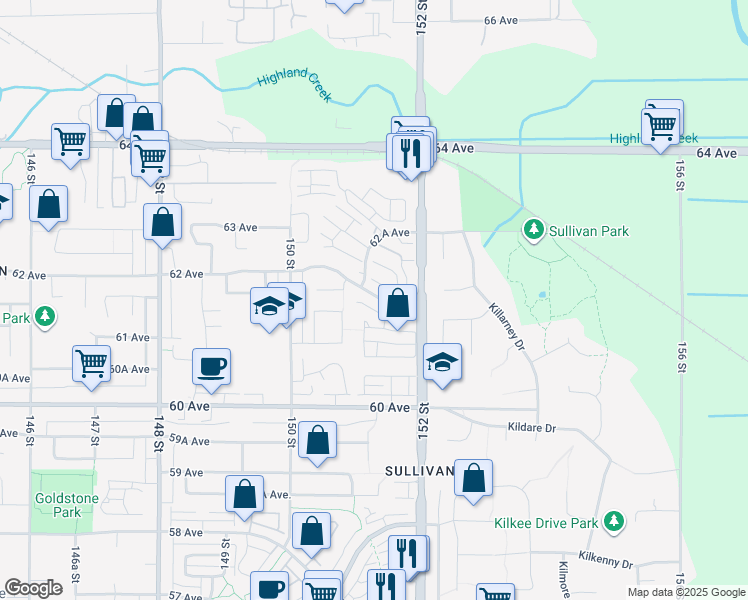 map of restaurants, bars, coffee shops, grocery stores, and more near 15126 62 Avenue in Surrey