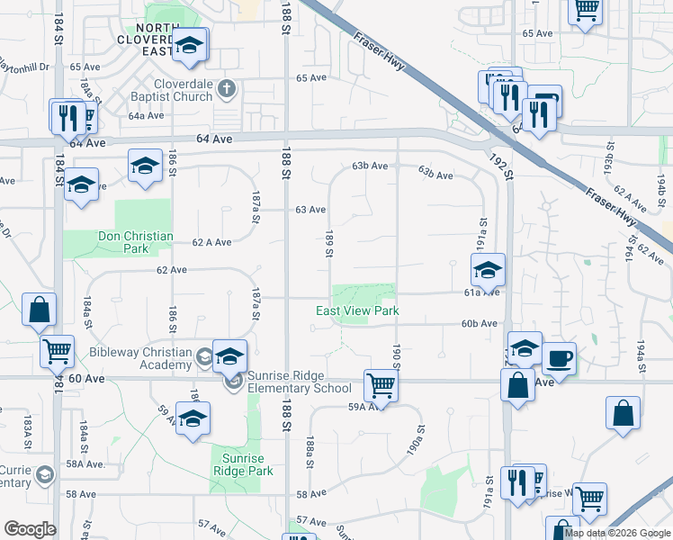 map of restaurants, bars, coffee shops, grocery stores, and more near 6202 189 Street in Surrey