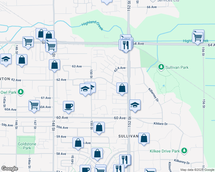 map of restaurants, bars, coffee shops, grocery stores, and more near 15072 61B Avenue in Surrey