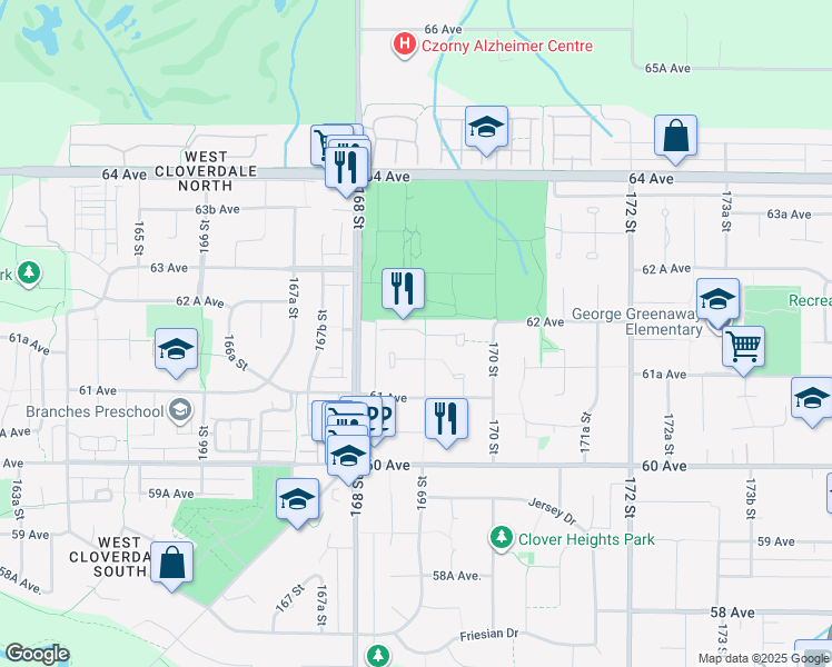 map of restaurants, bars, coffee shops, grocery stores, and more near 6177 169 Street in Surrey