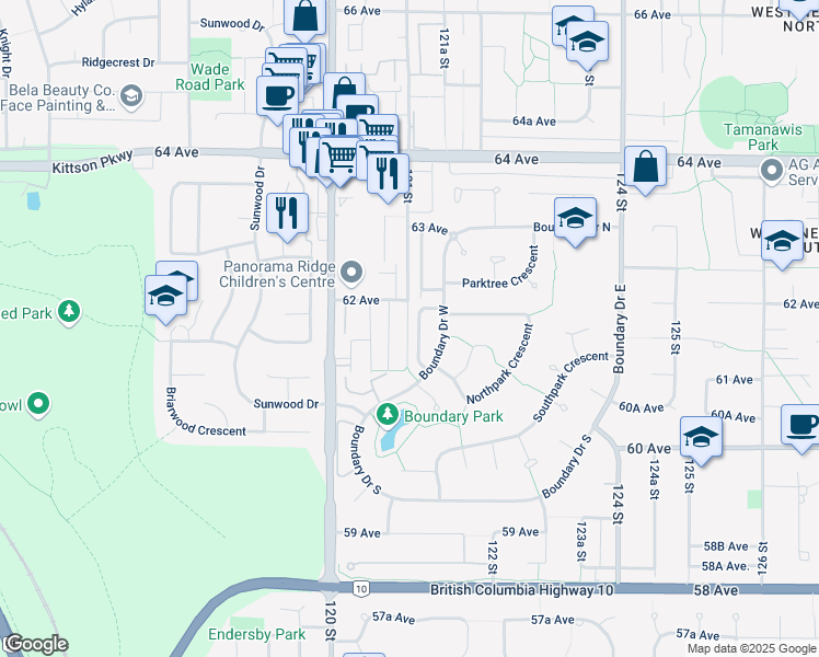 map of restaurants, bars, coffee shops, grocery stores, and more near 118 121 Street in Surrey