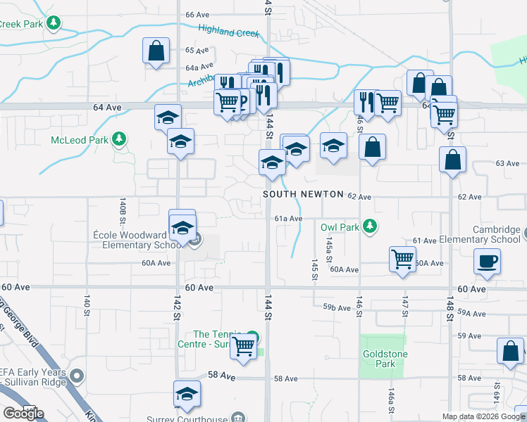 map of restaurants, bars, coffee shops, grocery stores, and more near in Surrey