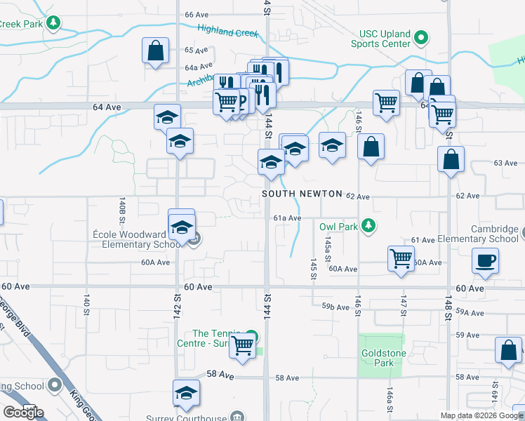 map of restaurants, bars, coffee shops, grocery stores, and more near 6165 144 Street in Surrey