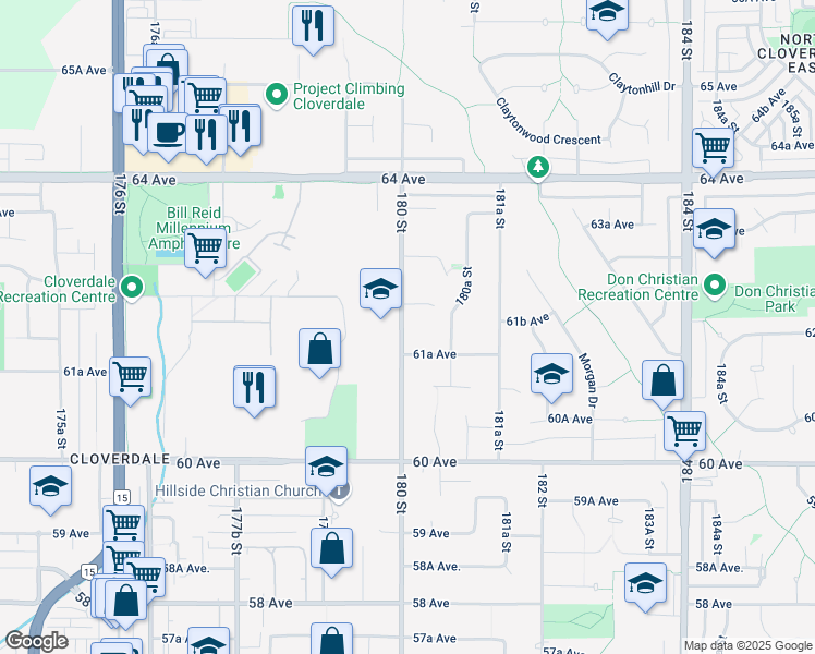 map of restaurants, bars, coffee shops, grocery stores, and more near 6166 180 Street in Surrey