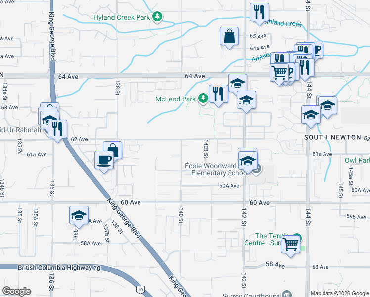 map of restaurants, bars, coffee shops, grocery stores, and more near 6176 140 Street in Surrey