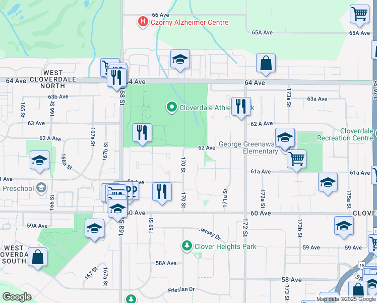 map of restaurants, bars, coffee shops, grocery stores, and more near 17022 62 Avenue in Surrey