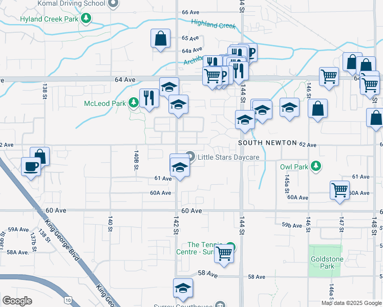 map of restaurants, bars, coffee shops, grocery stores, and more near 14239 61B Avenue in Surrey