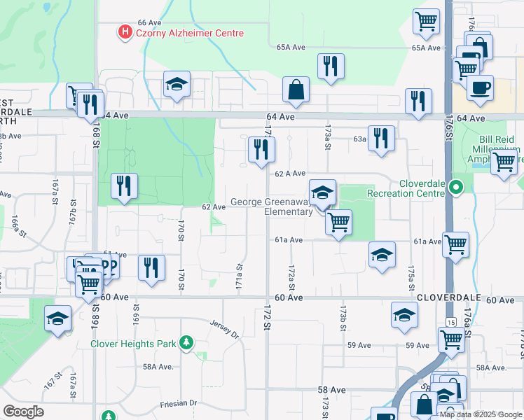 map of restaurants, bars, coffee shops, grocery stores, and more near 17176 62 Avenue in Surrey