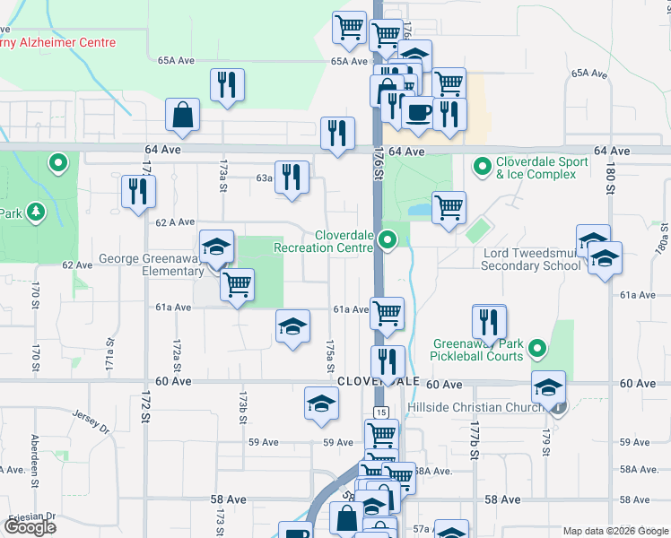 map of restaurants, bars, coffee shops, grocery stores, and more near 6194 175A Street in Surrey
