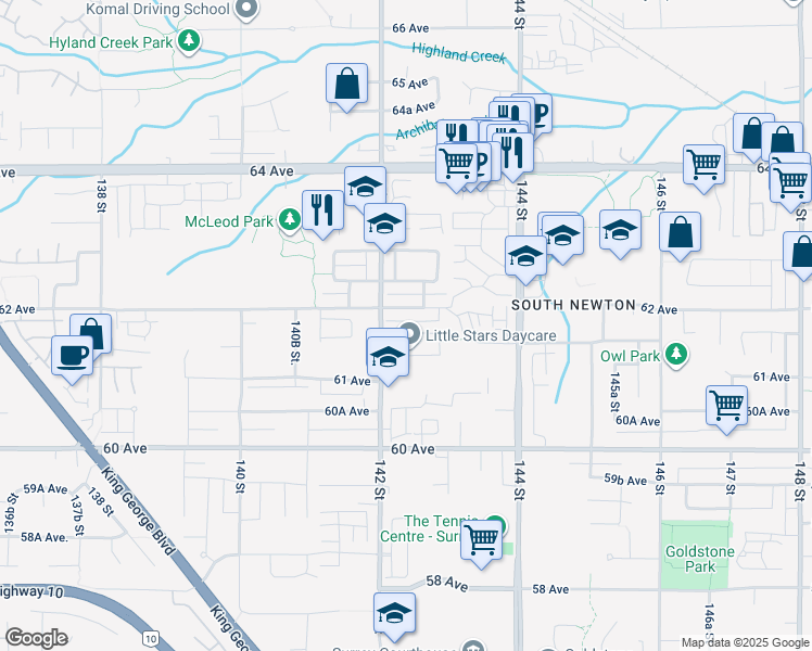 map of restaurants, bars, coffee shops, grocery stores, and more near 14239 61B Avenue in Surrey