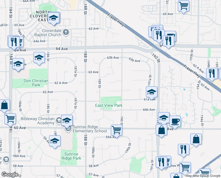 map of restaurants, bars, coffee shops, grocery stores, and more near 18942 62 Avenue in Surrey