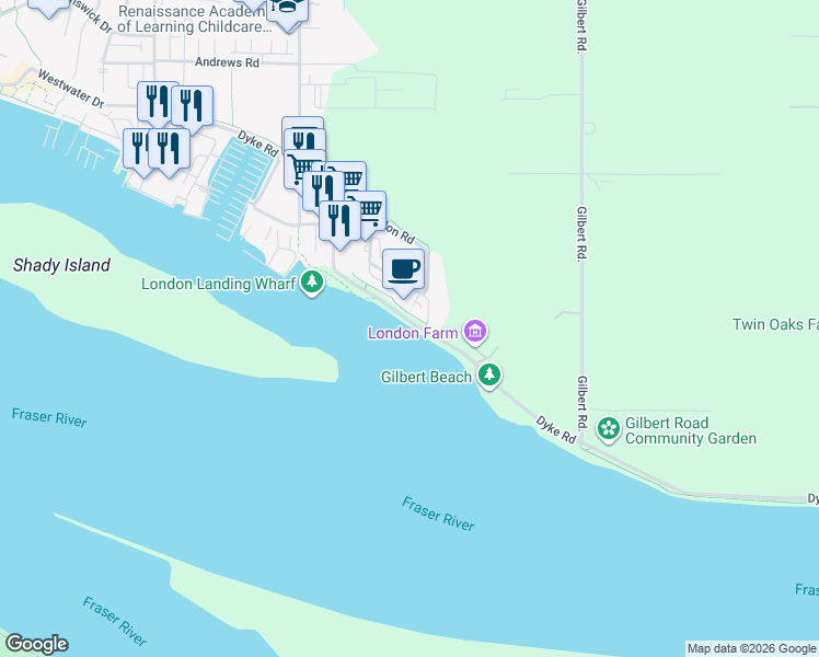 map of restaurants, bars, coffee shops, grocery stores, and more near 6420 Dyke Road in Richmond