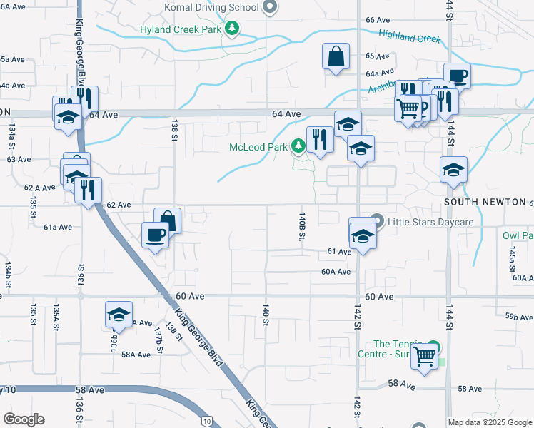 map of restaurants, bars, coffee shops, grocery stores, and more near 6181 140 Street in Surrey