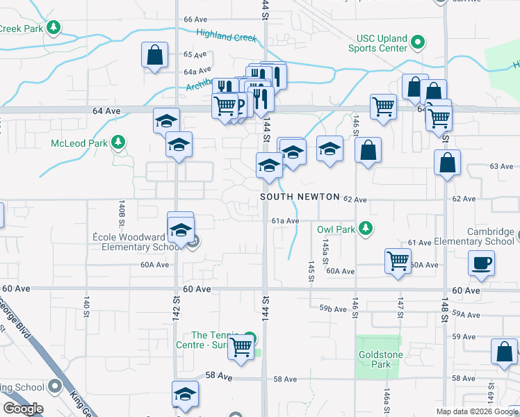 map of restaurants, bars, coffee shops, grocery stores, and more near 14355 62 Avenue in Surrey