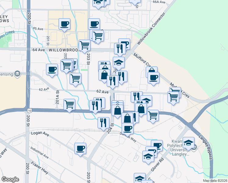 map of restaurants, bars, coffee shops, grocery stores, and more near 20467 Langley Bypass in Langley City