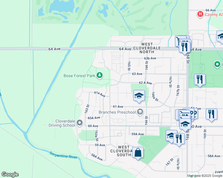 map of restaurants, bars, coffee shops, grocery stores, and more near 6188 164 Street in Surrey