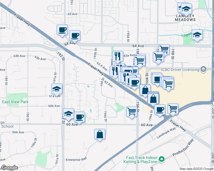 map of restaurants, bars, coffee shops, grocery stores, and more near 19432 62 Avenue in Surrey