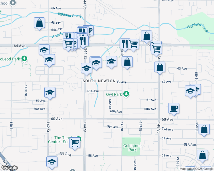 map of restaurants, bars, coffee shops, grocery stores, and more near 6170 145A Street in Surrey